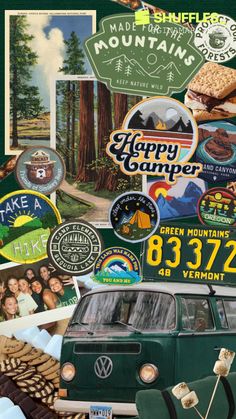 an old vw camper van is surrounded by stickers and magnets that say happy camper