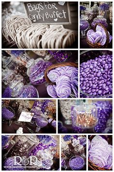 purple and white candies are arranged on display