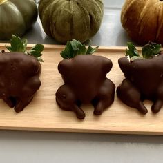 three chocolate bears sitting on top of a wooden cutting board next to pumpkins and gourds