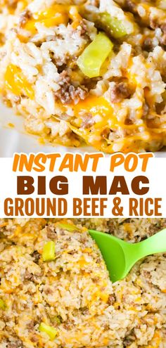 instant pot big mac with ground beef and rice in it on a white plate next to a green spatula