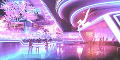 some people are standing around in a futuristic area with neon lights and trees on the other side