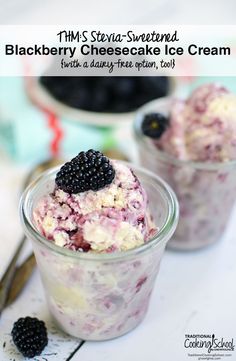 blackberry cheesecake ice cream with a blackberries topping