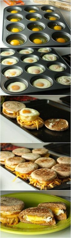 three different views of breakfast foods being cooked in the oven and then baked into muffins