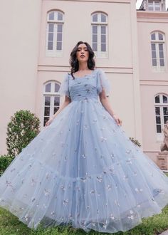 Simple Gown Designs, Fairytale Clothes, Dresses For Engagement Pictures, Moh Dress, Full Sleeve Gowns, Light Blue Gown, Simple Frock, Outfit Ideas Summer, Dresses Design