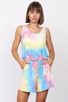 95% Polyester 5% Spandex Made in the USA Drawstring not adjustable Pockets Pastel Tie Dye, Plus Size Romper, Sleeveless Rompers, Blue Tie Dye, Blue Ties, Fashion Books, Rompers Women, Tie Dye Top, Made In The Usa