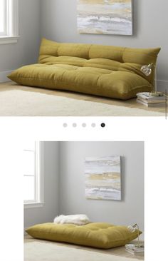 two pictures of a couch in a room with white walls and flooring, one showing the