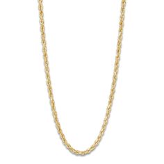 Simply designed for maximum style, this versatile 3.8mm women's solid glitter rope necklace features shimmering gold links, specially crafted for additional shine. Fashioned in 14K yellow gold, the 22-inch rope chain secures in place with a lobster clasp. Classic Gold Rope Chain Necklace With Wheat Detail, Gold Classic Figaro Rope Chain Necklace, Classic Gold Rope Chain Necklace With Figaro Detail, Gold Figaro Rope Chain Necklace, Classic Yellow Gold Wheat Chain Necklace, Yellow Gold Pendant Necklace With Rope Chain, Classic Yellow Gold Wheat Chain Rope Necklace, Yellow Gold Rope Chain Necklace With Pendant, Classic Yellow Gold Adjustable Rope Chain Necklace