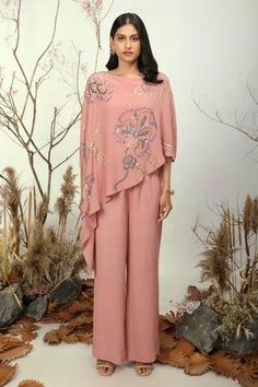 Shop for Nayantara Couture Pink Silk Crepe Embroidered Top And Pant Set for Women Online at Aza Fashions Indian Summer Dress, Embroidered Motifs, Cord Set, Asymmetric Top, Fancy Kurti, Fashion Design Patterns, Pakistani Fancy Dresses, Casual Wear Dress, Designer Dresses Casual