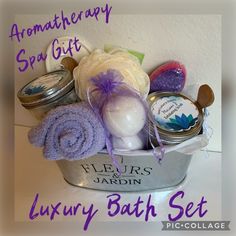 Aromatherapy Spa Luxury Bath Gift Set Self Care Hand Crafted Organic Bath Body Hand Feet Spoil Yourself Or Give As A Gift! Gift Set Includes: Handcrafted, Organic Spa Items, Made To Order Choose Your Scent 1- 16 Oz. Bath Salts / Foot Soak Infused With Essential Oils, Wooden Spoon And Deluxe Bath Pouf Included. Delight Your Senses And Indulge Your Body In A Relaxing Bath Or Foot Soak. 1- 8 Oz. Exfoliating Sugar Scrub Infused With Essential Oils Gently Exfoliates And Moisturizes Skin, Wooden Spoon And Loofah Sponge Included. 2- Lavender Bath Bombs Ultra Soft Spa Socks And Pumice Stone Included Gift Set Comes In A Reusable Container Wrapped And Ready To Gift. Container Options: Meta Relaxation Gift Basket, Spa Day Gifts, Bath Kit, Spa Luxury, Bridesmaids Proposal, Spa Items, Organic Spa, Treat Basket, Diy Christmas Presents