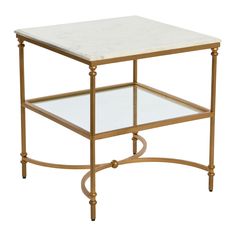 a white marble topped end table with gold trimmings and metal frame, against a white background