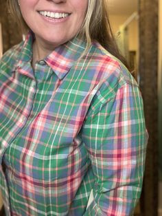 Get ready to spring into style with our Green Spring Plaid Button Down Top! This versatile top features a trendy plaid pattern, perfect for any occasion. Whether you're dressing up or keeping it casual, this top will add a pop of color to your wardrobe. (Fashion-forward and fun, this top is a must-have for any fashionista's closet. Keep it stylish and playful with our Green Spring Plaid Button Down Top!) Jess is a L/XL, 12/14 and is wearing a L here. Spring Workwear Flannel Shirt With Button Closure, Spring Button Closure Flannel Shirt For Work, Spring Flannel Shirt With Button Closure For Work, Trendy Collared Flannel Shirt For Spring, Relaxed Fit Flannel Shirt With Button Closure For Spring, Spring Workwear Flannel Button-up Shirt, Spring Relaxed Fit Flannel Shirt With Button Closure, Spring Flannel Shirt With Relaxed Fit, Trendy Plaid Shirt For Work