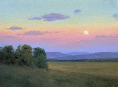 an oil painting of a sunset over a field with trees and mountains in the background