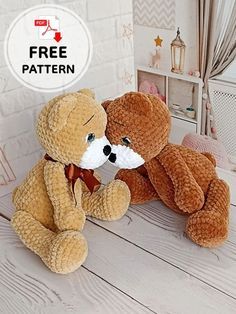 two teddy bears sitting next to each other on a wooden table with the caption free pattern