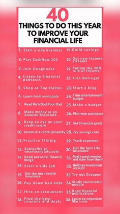 a pink poster with the words 40 things to do this year to improve your financial life