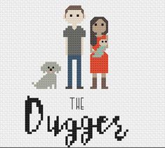 a cross stitch poster with a man and woman holding a dog