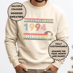 "Personalised 30th Birthday Sweatshirt, Legend Since 1994, Men's Sweater 30 Year old. Gift For Son Men Him Dad Husband Boyfriend, Dirty 30's ✔️ PRODUCTS DETAIL: Unisex Heavy Blend Crewneck Sweatshirt ▸ Made from polyester and cotton (50% cotton, 50% polyester) ▸ Medium-heavy fabric (8.0 oz/yd² (271.25 g/m ▸ Loose fit ▸ Runs true to size ▸ Sewn-in label ▸Collar is ribbed knit, o it retains its shape even after washing.  ▸No itchy side seams. OTHER COLOURS AVAILABLE - PLEASE DON'T HESITATE TO ASK!  ✔️ COLOUR:  ▸ Colour charts are in the descriptive pictures ▸ We choose colours that work best for our artwork ▸ If there is another colour you would prefer to purchase, please message us! ✔️ HOW TO ORDER: ▸ Select your size and colour from the drop-down menus on the right, then click the \"\"Add Dirty 30 Shirts For Men, Mens 30th Birthday Tshirt, Dirty 30, Birthday Sweatshirt, 30 Years Old, Oversized Sweatshirt, White Sweatshirt, Unisex Sweatshirt, Sweater Hoodie