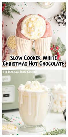 two photos with the words slow cooker white christmas hot chocolate in front of them