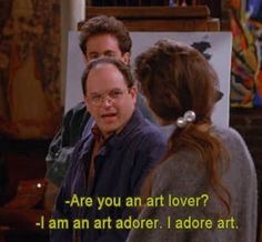 a man talking to a woman in front of an easel with the words are you an art lover?