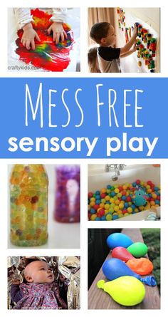 a collage of photos with the words mess free sensory play