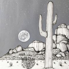 a drawing of a desert scene with a cactus and the moon in the sky above it