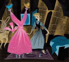 an illustration of two women dressed in evening gowns and tiaras dancing on a rug