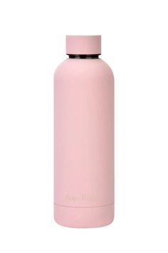 a pink stainless steel water bottle on a white background with the words sage rose written in gold