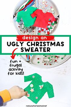 Red and green felt sweater shapes with sequins and pom poms with child working on Ugly Christmas sweater activity. Holiday Activity For Kids, Diy Ugly Christmas Sweater, Holiday Activities For Kids, Kids Exploring, Creative Activities For Kids, Activity For Kids, Halloween Activities, Holiday Activities, Creative Activities