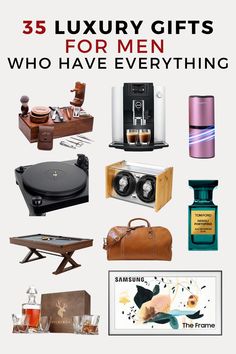 A collection of luxury gifts for men, including a shaving set, air purifier, record player, coffee maker, duffel bag, crystal decanter set, bamboo watch winder, Tom Ford private blend fragrance, pool table, and Samsung TV. Gifts For Adult Male, Mens Luxury Gifts, Crystal Gifts For Him, Boss Gift Ideas Men, Gifts For Entertainers, Gifts For Husband For Christmas, Gifts For Fitness Lovers Men, Men’s Christmas Gifts 2024, Men’s Gift Guide