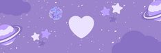 purple and white space themed wallpaper with hearts, stars, and other objects in the sky