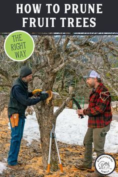 two men standing next to each other in front of a tree with the words how to prune fruit trees