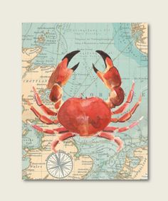 a red crab sitting on top of a map with two black horns in it's claws