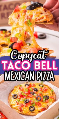 the mexican pizza is being served in a box with text overlay that reads copycat taco bell mexican pizza