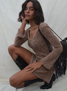 Boho Babe Mini Dress Mocha Square Neck Stretch Bodycon Dress For Fall, Beige Stretch Mini Dress For Fall, Stretch Beige Mini Dress For Fall, Trendy Long Sleeve Brown Dress, Casual Beige Bodycon Dress For Fall, Beige Mini Dress For Fall, Brown Bodycon Long Sleeve Dresses, Chic Brown Stretch Sweater Dress, Casual Brown Stretch Bodycon Dress