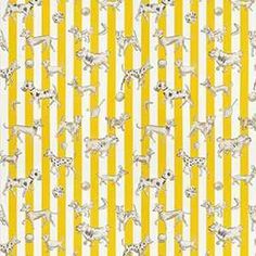 a yellow and white striped wallpaper with dogs on it