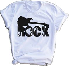 White Graphic Rock And Roll T-shirt, White Rock And Roll T-shirt For Concert, White Crew Neck Rock T-shirt, Rock Style Graphic Print Shirt For Concert, White Short Sleeve Rocker Tops, White Rocker Style Graphic T-shirt, White Rock Style Top For Concerts, White Rocker Graphic Print T-shirt, White Rocker T-shirt With Graphic Print