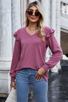 Ruffle Shoulder V-Neck Long Sleeve Top Fall V-neck Ruffled Tops, Winter V-neck Top With Ruffles, Spring V-neck Ruffled Sweater, V-neck Ruffled Sweater For Fall, Fall Ruffled V-neck Tops, Trendy Heather Tops For Fall, Cheap Clothing, Long Sleeve Tops Casual, Long Sleeve Print Dress