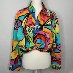 Very Colorful And Trendy Top. Super Cute And Eye Catching Top Chic Multicolor Long Sleeve Shirt, Trendy Vacation Blouse With Abstract Print, Trendy Blouse With Abstract Print For Vacation, Trendy Abstract Print Blouse For Beach, Trendy Beach Blouse With Abstract Print, Multicolor Print Long Sleeve Tops For Vacation, Chic Multicolor Long Sleeve Blouse, Chic Multicolor V-neck Shirt, Multicolor Long Sleeve Blouse With Bold Print