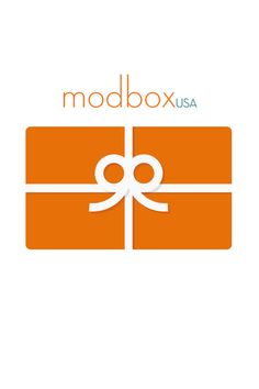 an orange gift box with a white bow on it and the words modbox usa