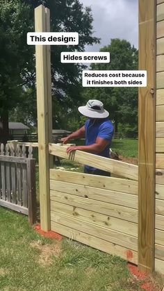 a man wearing a white hat standing in front of a wooden fence with the caption, this design hides screws