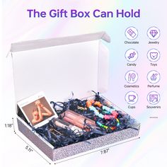 the gift box can hold all kinds of items and is open to show its contents