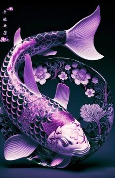 a purple and white koi fish with flowers on it's back side, in front of a black background