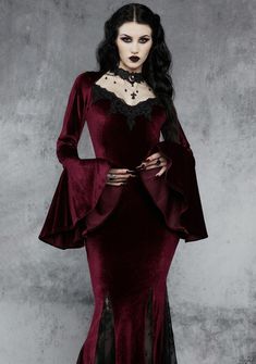 til the fearless come and the act is done. This maxi dress has a stretchy velour and sheer lace construction, a shrug-style neckline, long bell sleeves, and godet hem inserts. Punk Plaid, Vampire Dress, Vampire Clothes, Gothic Emo, Goth Look, Romantic Goth, Victorian Goth, Goth Dress, Gothic Dress