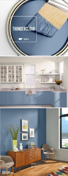 the interior of a kitchen with blue walls and wood flooring is shown in three different pictures