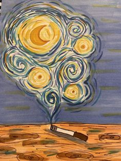 an artistic painting with a brush and some circles in the shape of a tree on top of a hill