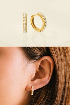 Feminine aesthetic. Balletcore jewelry. Pearl hoop earrings gold. Gold-vermeil hoops adorned with tiny simulated pearls. Made from recycled sterling silver, these graceful earrings are gentle on you and the planet. Ethereal Jewelry, Jewelry Pearl, Hoop Earrings Gold