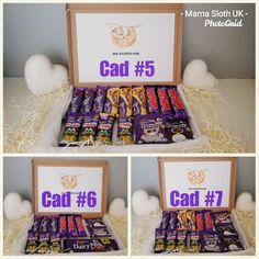 four photos of cadd's chocolates in a box with balloons around them