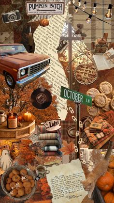 a collage of pictures with pumpkins, books and other things on it including a truck