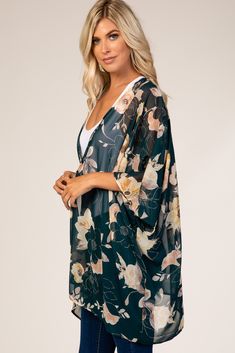 Details A floral cover up featuring an open front and a sheer fabric. Content + Care 100% Polyester Dry Clean or Hand Wash Cold, , No Bleach, Color Separate, , Hang or Line Dry USA Size + Fit Length: 30" Measured From: One Size Product Code: 60649 Floral Print Open Front Cover-up For Vacation, Summer Floral Print Wrap Cover-up, Flowy Open Front Printed Cover-up, Floral Print Wrap Beachwear Cover-up, Spring Sheer Long Sleeve Kimono, Green Floral Print Summer Cover-up, Spring Sheer Beach Cover-up, Sheer Cover-up For The Beach, Spring Sheer Cover-up For Beach