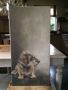 a painting of a dog sitting on top of a piece of wood next to a chandelier