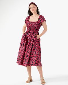 Poppy Toss Square Neck Midi Dress | Kate Spade Outlet Cotton A-line Midi Dress Lined, Cotton Fit And Flare Lined Dress, Cotton Fit And Flare Dress With Lining, Cotton Fit And Flare Dress For Daywear, Casual Cotton Midi Dress With Smocked Back, Casual Cotton Dress With Smocked Back, Spring Cotton Midi Dress With Gathered Neckline, Fitted Cotton Midi Dress With Smocked Bodice, Cotton Fit And Flare Midi Dress